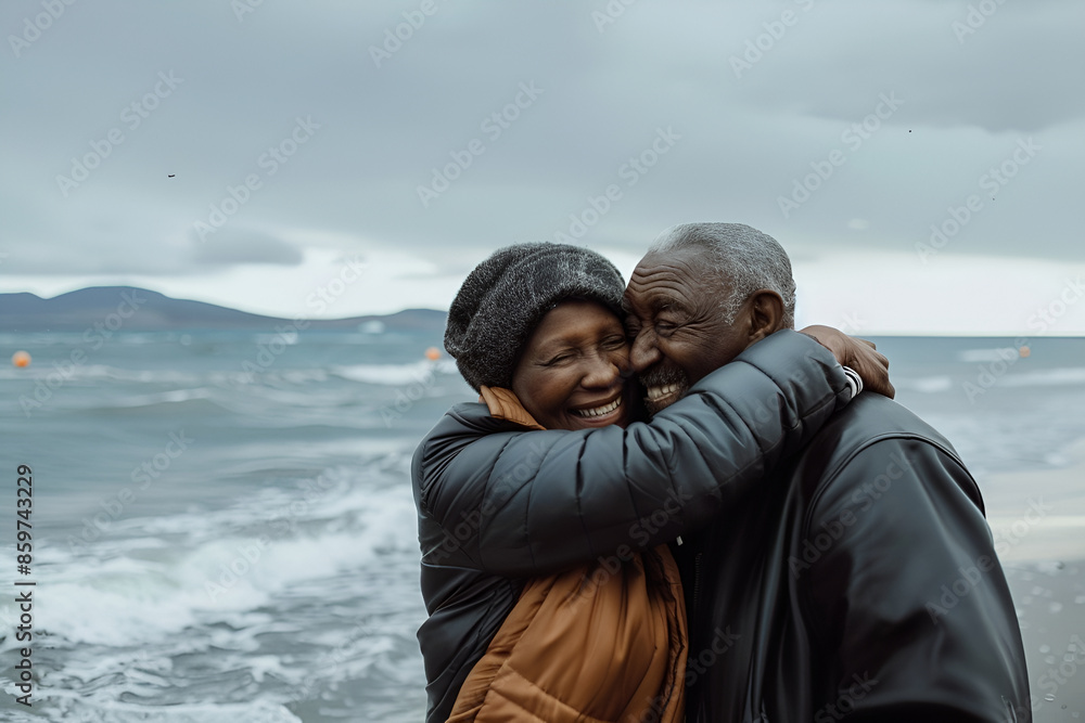 Wall mural happy retired african-americans walking along the ocean coast