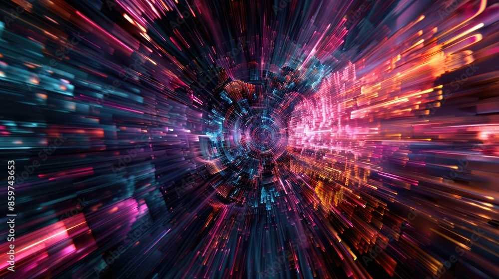 Aufkleber a digital vortex illuminated by neon lights and particles forms a dynamic, futuristic background fil