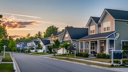 Obraz premium serene suburban street lined with houses adorned with fiber cement siding, showcasing variety in design