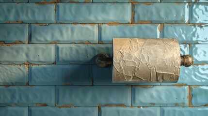 A brown toilet paper roll mounted on a holder fixed to an aged blue tiled wall, highlighting a rustic and worn look that evokes a sense of timelessness and functionality.