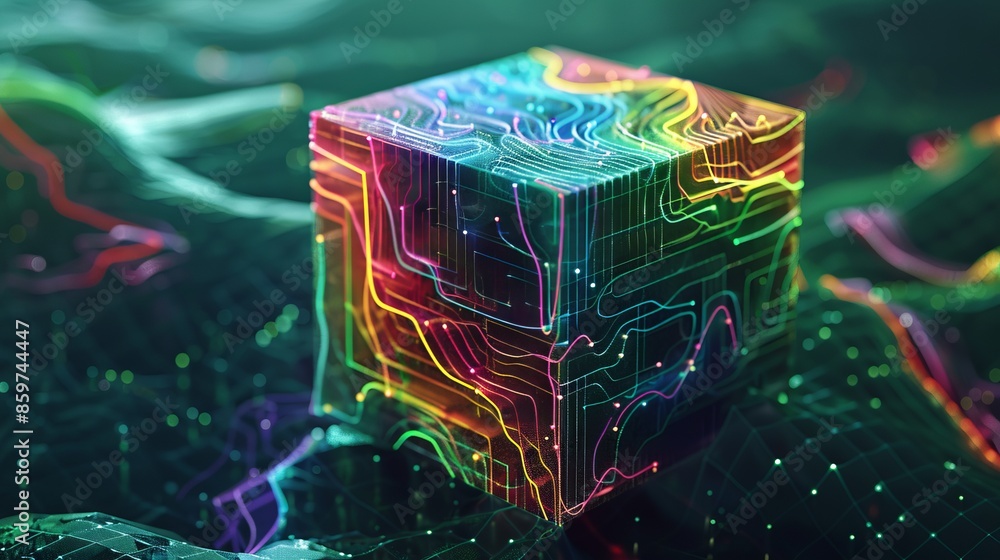 Poster colorful digital cube with neon lines in a virtual space. the cube appears to float, representing ai
