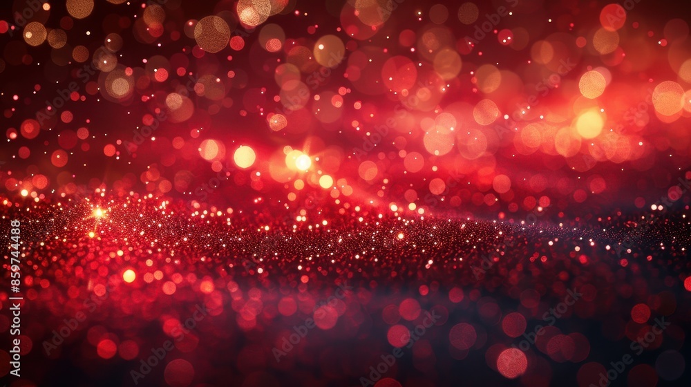 Poster a mesmerizing abstract scene filled with red and gold bokeh lights and glitter, creating a festive a