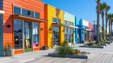 Fototapeta premium series of beachfront shops featuring bright, sun-reflective fiber cement siding, designed to withstand the harsh sun and salt spray while maintaining vibrant colors