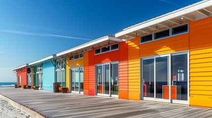 Fototapeta premium series of beachfront shops featuring bright, sun-reflective fiber cement siding, designed to withstand the harsh sun and salt spray while maintaining vibrant colors