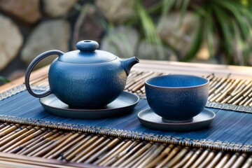 Ultra sharp photo capturing the elegance of a blue tea set, designed for traditional tea ceremonies