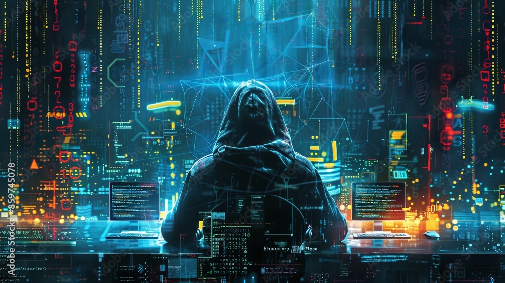 Poster futuristic cyberpunk digital art depicting a hooded hacker working amidst bright neon lights and com