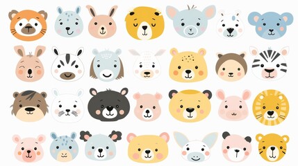 Animated animal faces illustrated for children's books, cards, stickers, and prints.