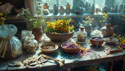 Fototapeta premium organic cosmetics, dried herbs, soothing incense promote