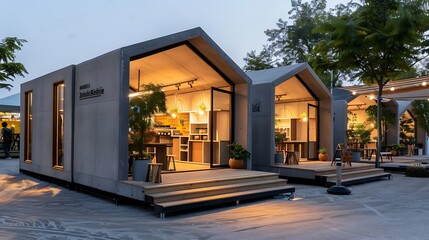 series of modular pop-up shops at a summer festival, each constructed from lightweight and stylish fiber cement panels for easy assembly and disassembly