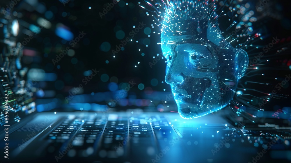 Aufkleber futuristic ai head emerging from digitized matrix. conceptual collage illustrating artificial intell