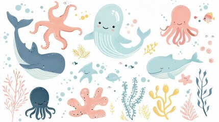 Inspiring nautical clipart with jellyfish and other marine life. Octopus, ramps, clown fish, crabs, seahorses. Art illustration for nautical designs.