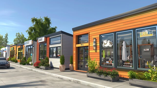 series of small business shops each featuring a distinctive design of fiber cement siding, highlighting the material's versatility in commercial architecture