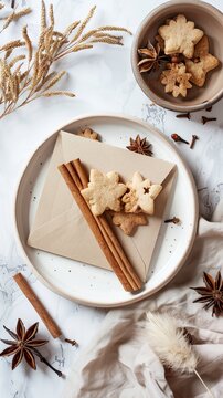 rft paper envelope, cinnamon sticks, cookies, dry flowers. Cozy home desk, hygge concept. Flat lay, top view, overhead 