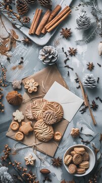 rft paper envelope, cinnamon sticks, cookies, dry flowers. Cozy home desk, hygge concept. Flat lay, top view, overhead 