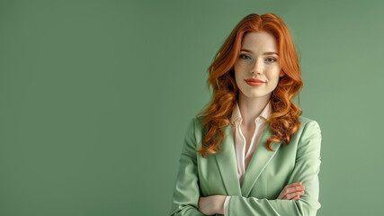 A young redhead woman in green clothing stands against a solid green background. Studio. Isolated green background. 
