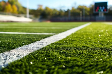 Lush green artificial turf is glistening on a football field with a white boundary line. The image evokes a sense of anticipation and excitement before a big game