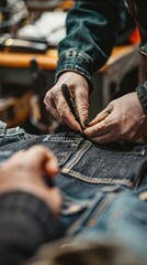 Fototapeta premium Seamstress marking hem on a pair of jeans in tailor shop 