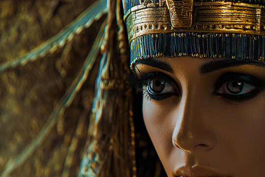 beautiful brown skin egyptian Pharaoh cleopatra, egyptian queen cleopatra in heavy make-up and royal jewelry, geberative AI