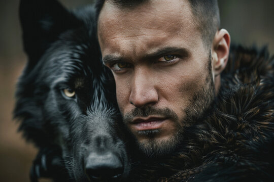 homem bonito com barba curta, com metade do rosto transformado em um lobo preto