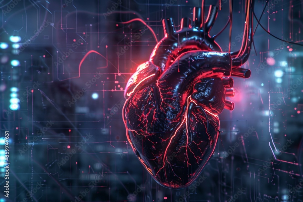 Poster 3d rendering of a digital human heart glowing, with data and information passing through it, symboli