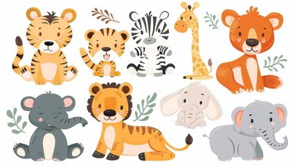 The modern illustration depicts lions, tigers, hippopotami, bears, foxes, zebras, giraffes, and elephants from the safari jungle.