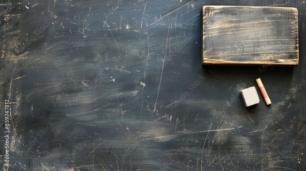 Poster texture of blank blackboard with chalk and eraser for text or design