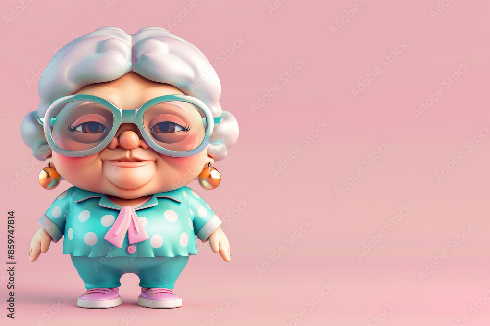 Wall mural cute 3d life-size granny icon on a simple pink background with space for text.