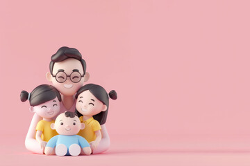 Cute mom, dad and daughter, son, 3D icon on a simple pink background with space for text.