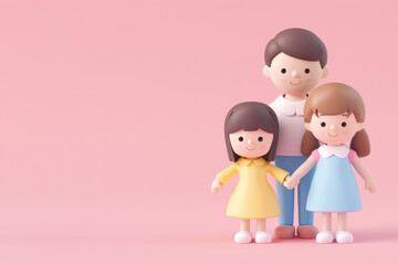 Cute dad family with two daughters, 3D icon on a simple pink background with space for text.