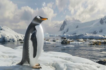 Fototapeta premium Gentoo penguin standing on a snow bank with a body of water and snow capped mountains in the background. The penguin is looking to the left of the frame