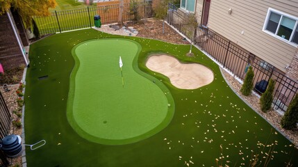 Overhead view of a suburban home's backyard, where an artificial grass lawn is combined with a small putting green, providing an ideal practice area for golf lovers,  