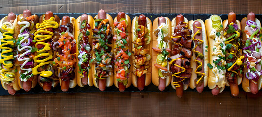 Fototapeta premium A variety of hot dogs with different toppings, captured with vibrant colors and detailed textures