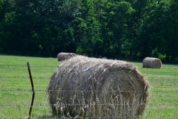Hay Bale by a Fence in a Farm Field