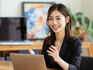 ノートパソコンに話す女性