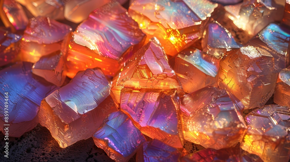 Poster iridescent crystal formations with vibrant colors glowing, displaying a stunning array of hues and r