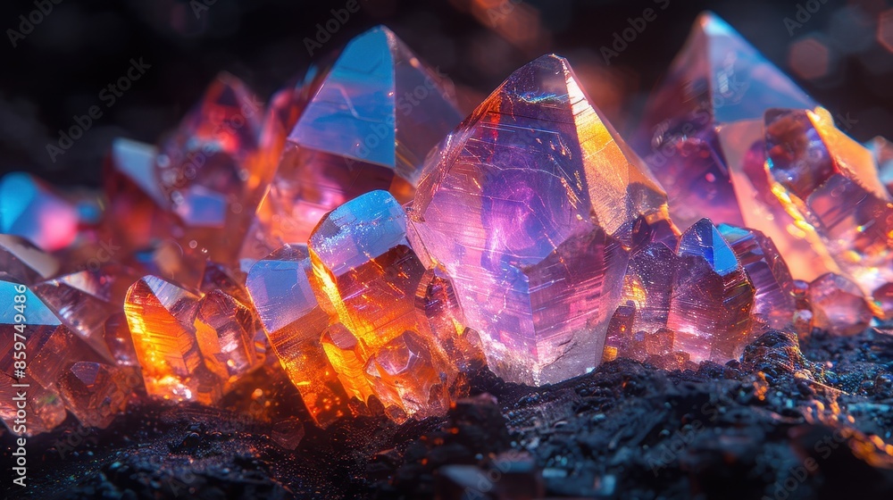 Poster glowing crystal structures with multifaceted reflections, presenting a beautiful spectacle of light 