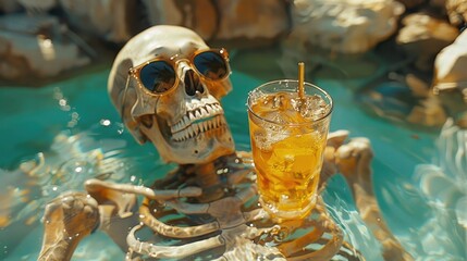 A lighthearted skeleton with sunglasses and a drink relaxes in a pool, offering a comedic twist on relaxation and summer fun, perfect for humorous content depiction.