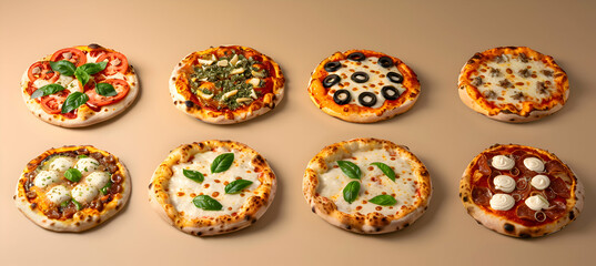 A variety of Margherita pizzas with different toppings, captured with vibrant colors and detailed textures