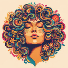 Colorful illustration of a woman's face embracing psychedelic 'flower power' revival, featuring vibrant colors and retro artistic vibes