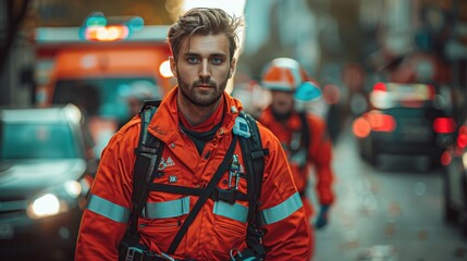 Obraz premium An intense scene with a firefighter in full safety gear standing on a busy urban street, illuminated by the colorful flashes of emergency vehicles during the nighttime.