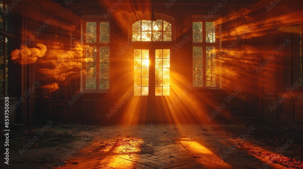 Poster golden sunlight streams through large windows in a seemingly empty room, illuminating the space with