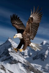 Fototapeta premium An eagle with brown and white feathers is flying above snow-covered mountains. The sky is blue and there are some clouds.