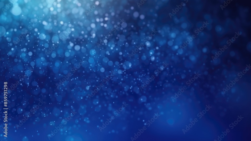 Poster the picture of vague visual of sparkling particles scattered across a deep blue background, create a