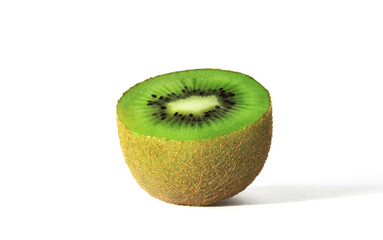 Ripe juicy half kiwi fruit isolated on white background.