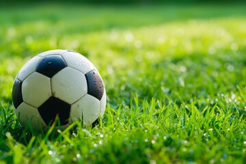 Fototapeta premium Soccer ball on green grass in morning sun. Ideal for soccer projects. Fresh, vibrant, inviting pitch. Perfect for games and competition