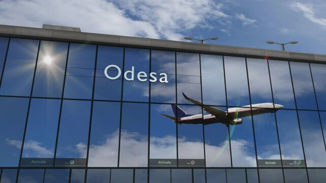 Plane landing at Odesa, Ukraine. Arrival in the city with the glass airport terminal and reflection of the jet aircraft. Travel, business, tourism and transport 3D concept.