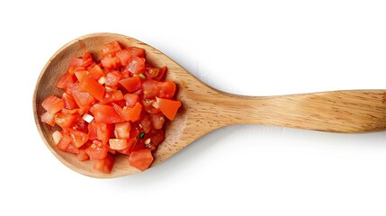 Tomato sauce with chopped chunks in wooden spoon isolated on white background  top view