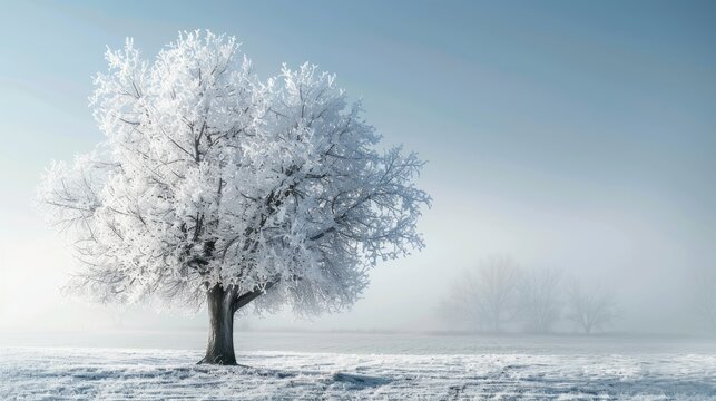 The tree covered with hoarfrost in a fog