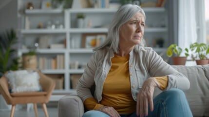 Obraz premium Mature woman in pain from backache on couch.
