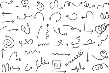 Collection of curved arrows. Set simple hand drawn arrows.